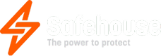 Safehouse logo with bright orange double lightning bolt S icon and white Safehouse text with grey The power to protect tagline on white