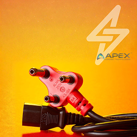 Red 3-pin South African plug with black IEC power cable coiled on orange yellow gradient with Apex bolt logo