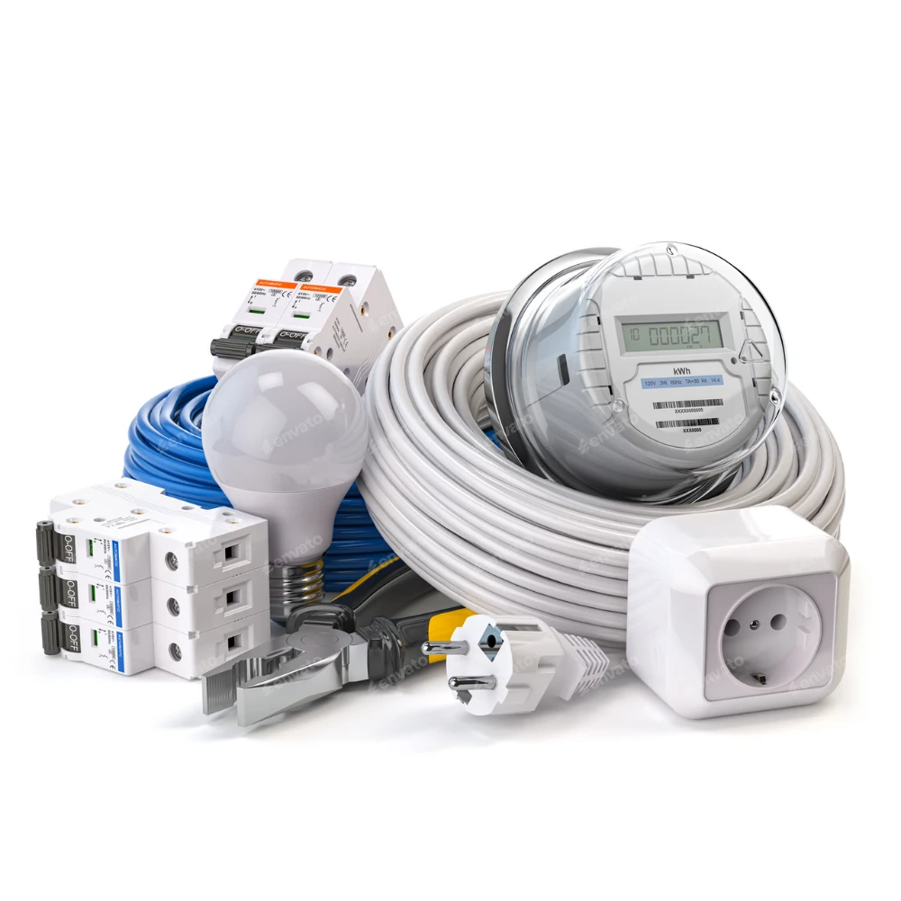 Non-compliant electrical products collection - kWh meter, MCBs, LED bulb, blue and white cable coils, plug and socket, pliers