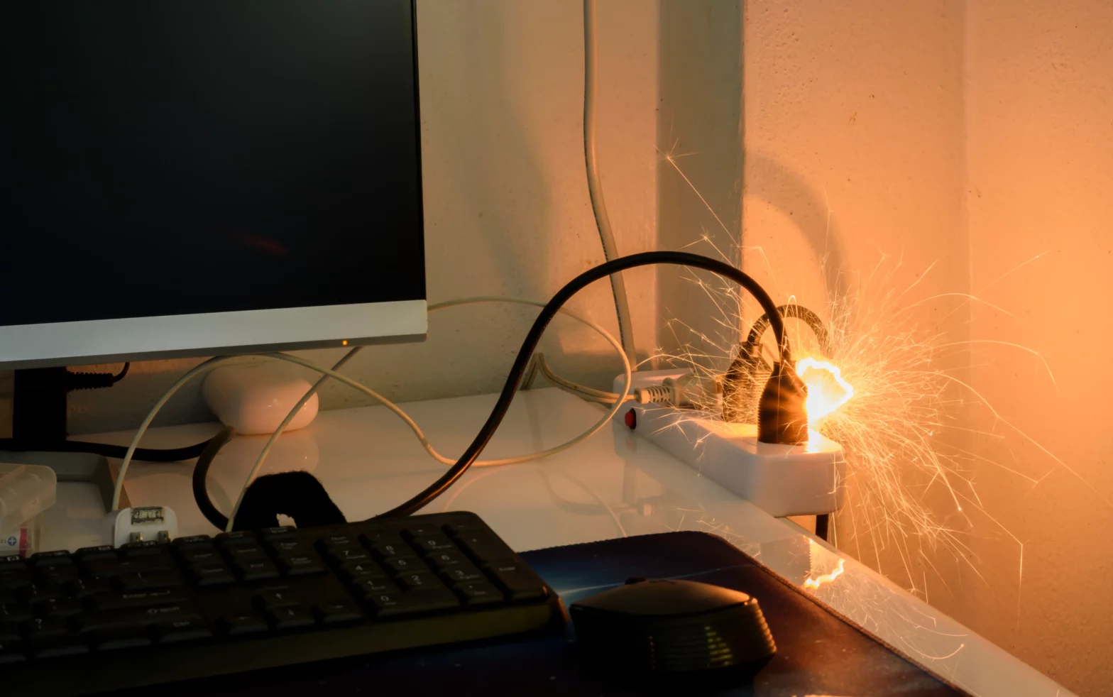 Non-compliant electrical products - white extension lead on desk sparking with bright orange flames next to computer monitor and keyboard