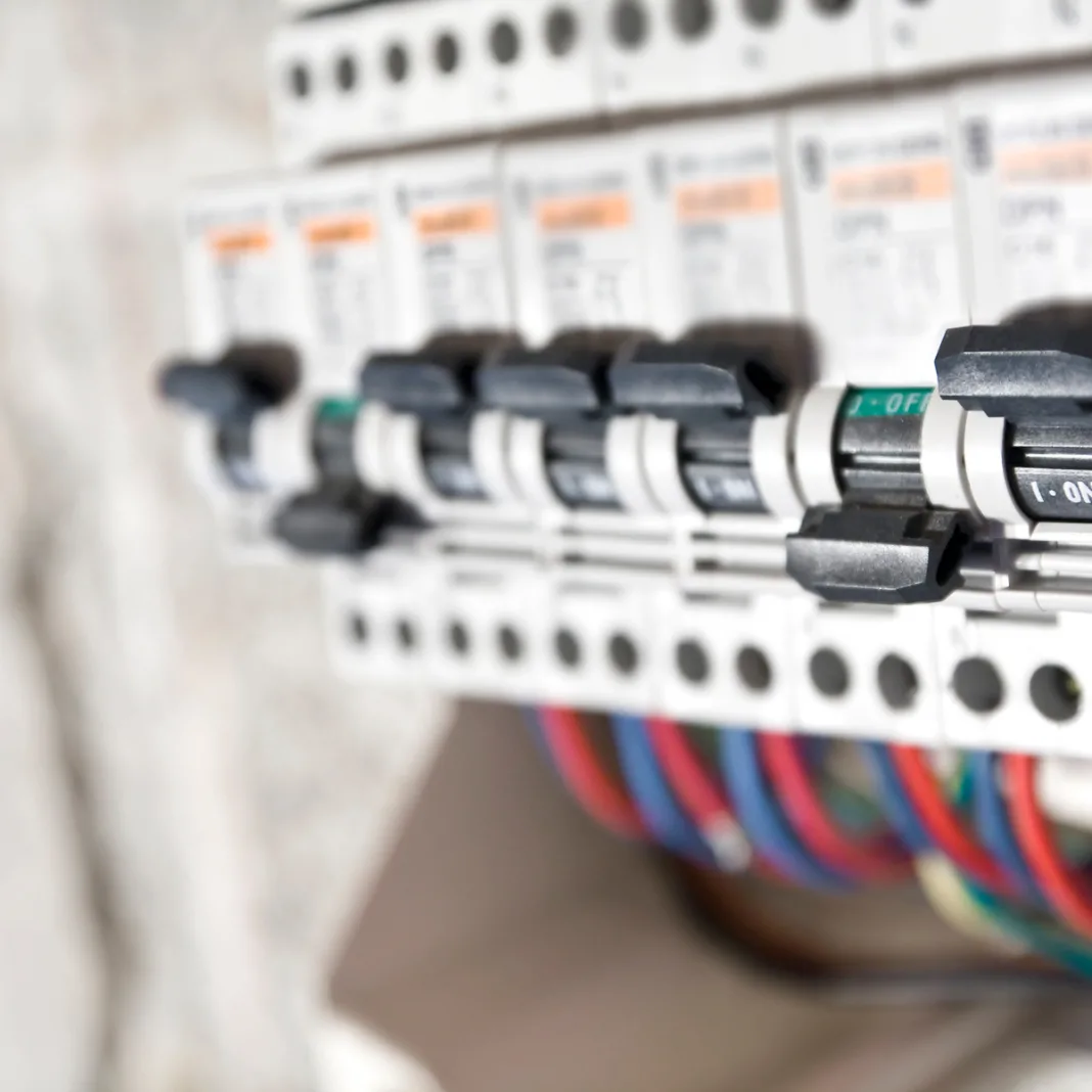 Electrical safety media - row of miniature circuit breakers MCBs in distribution board with red blue wires and off switch