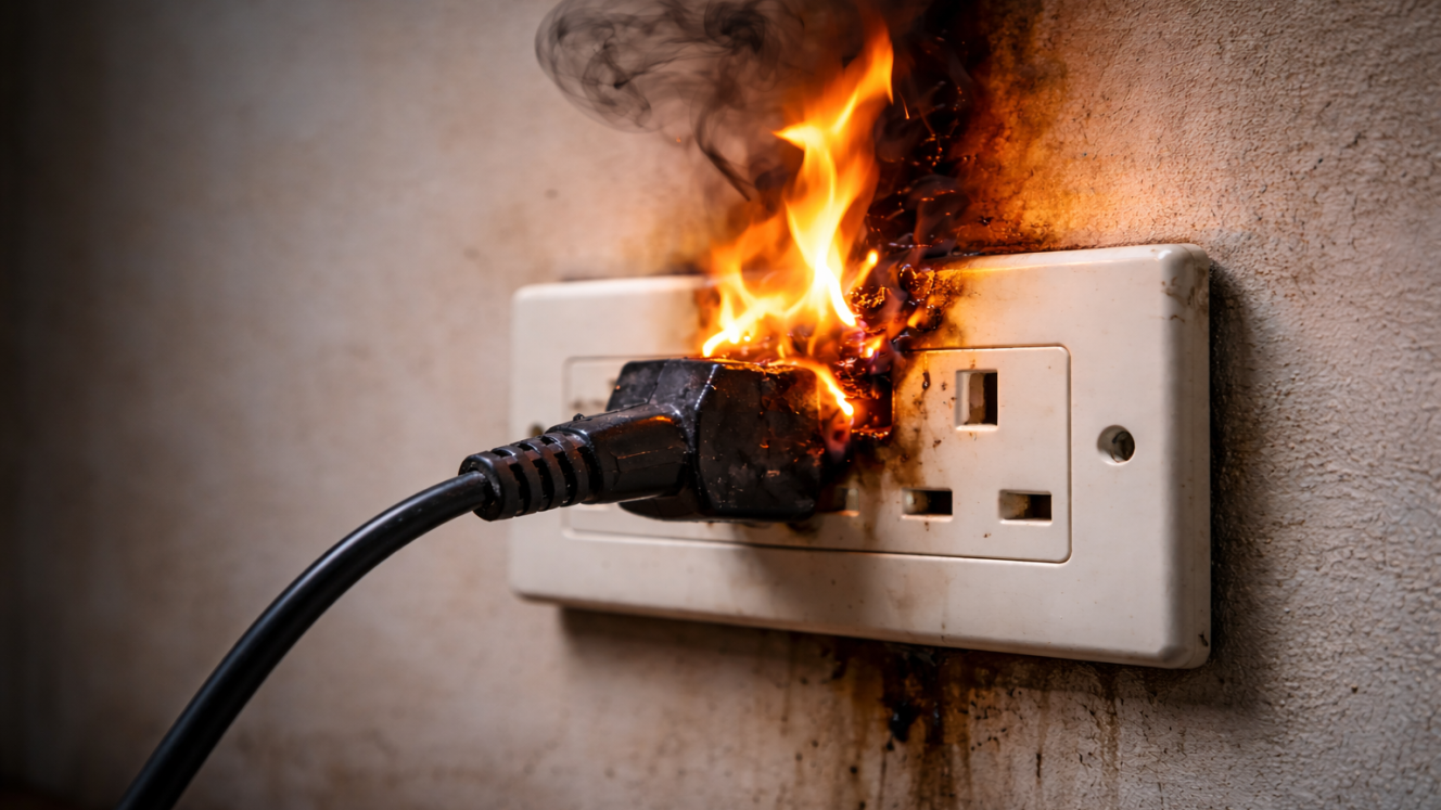 Electrical safety media - white double UK wall socket burning with orange flames and black smoke from black plug