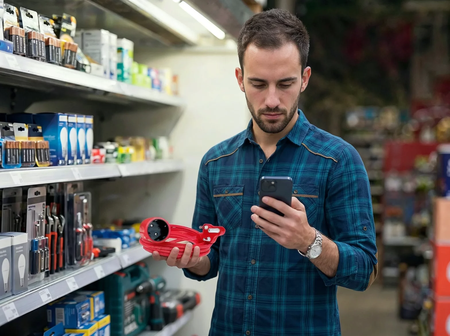 Choose safe electrical products - man in plaid shirt in hardware store holding red extension lead and checking smartphone for compliance proof