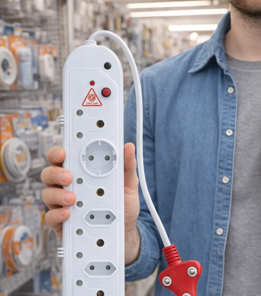 Choose safe electrical products - man holding white 5-way multi-plug extension lead with red surge protection and red 3-pin plug