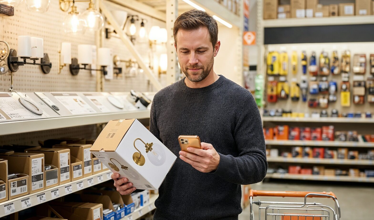 Ask proof before buying electrical products - man in hardware store holding wall light box and checking smartphone for compliance proof