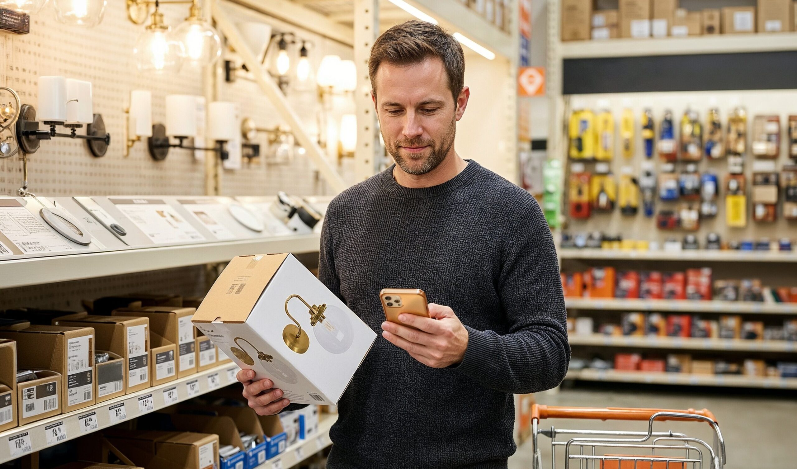 Ask proof before buying electrical products - man in hardware store holding wall light box and checking smartphone for compliance proof