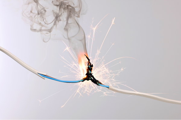 Unsafe electrical products - white electrical cable with blue wire exposed burning with sparks and black smoke