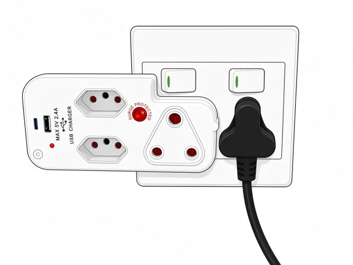 USB adaptor with two stacked hexagonal outlets and a three-pin outlet beside a separate plug
