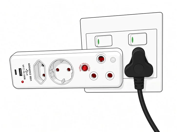 USB and multiway adaptor beside a separate plug on a two-gang switched wall plate