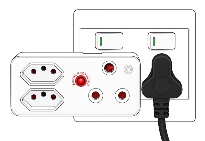 Adaptor with two stacked hexagonal outlets and a three-pin outlet beside a separate plug