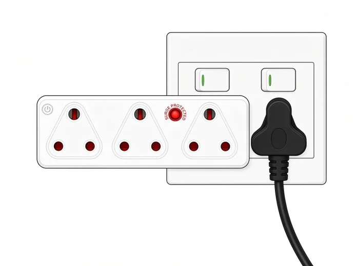 Triple three-pin surge adaptor leaving the neighbouring plug and both switches accessible