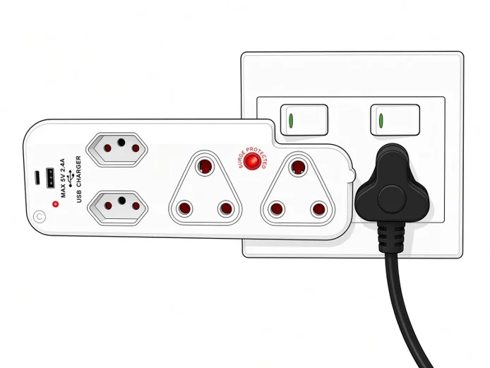 USB adaptor with two hexagonal outlets and two three-pin outlets beside a separate plug
