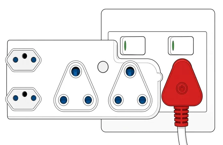 Adaptor with blue shutters beside a red plug in the adjacent wall outlet