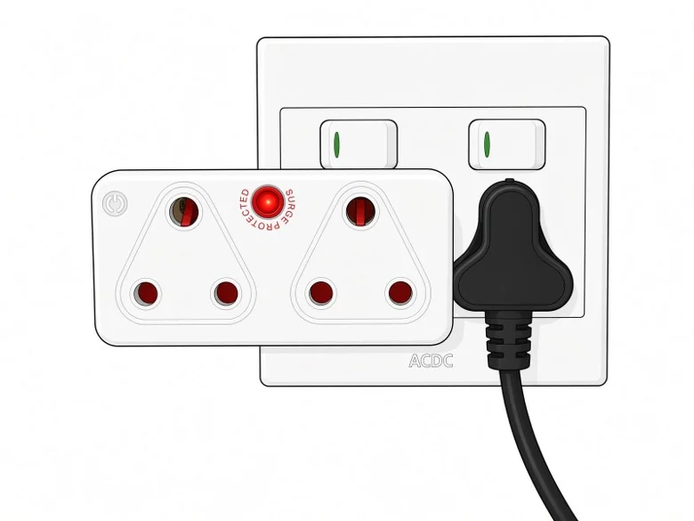 Compact dual three-pin surge adaptor with an indicator between the outlets