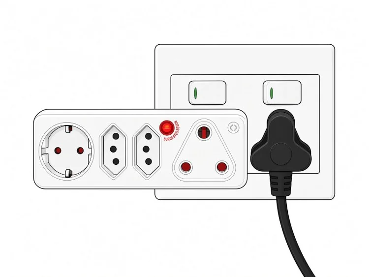 Adaptor with a Schuko-style outlet, two hexagonal outlets and a three-pin outlet